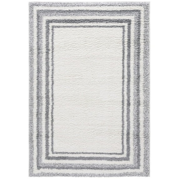 SAFAVIEH Border & Stripe Hyram Bordered Shag Runner Rug, Ivory/Grey, 2'2" x 8'