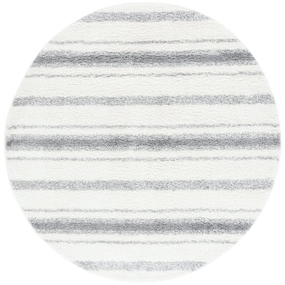 SAFAVIEH Border & Stripe Jerred Striped Shag Area Rug, Ivory/Grey, 6'7" x 6'7" Round