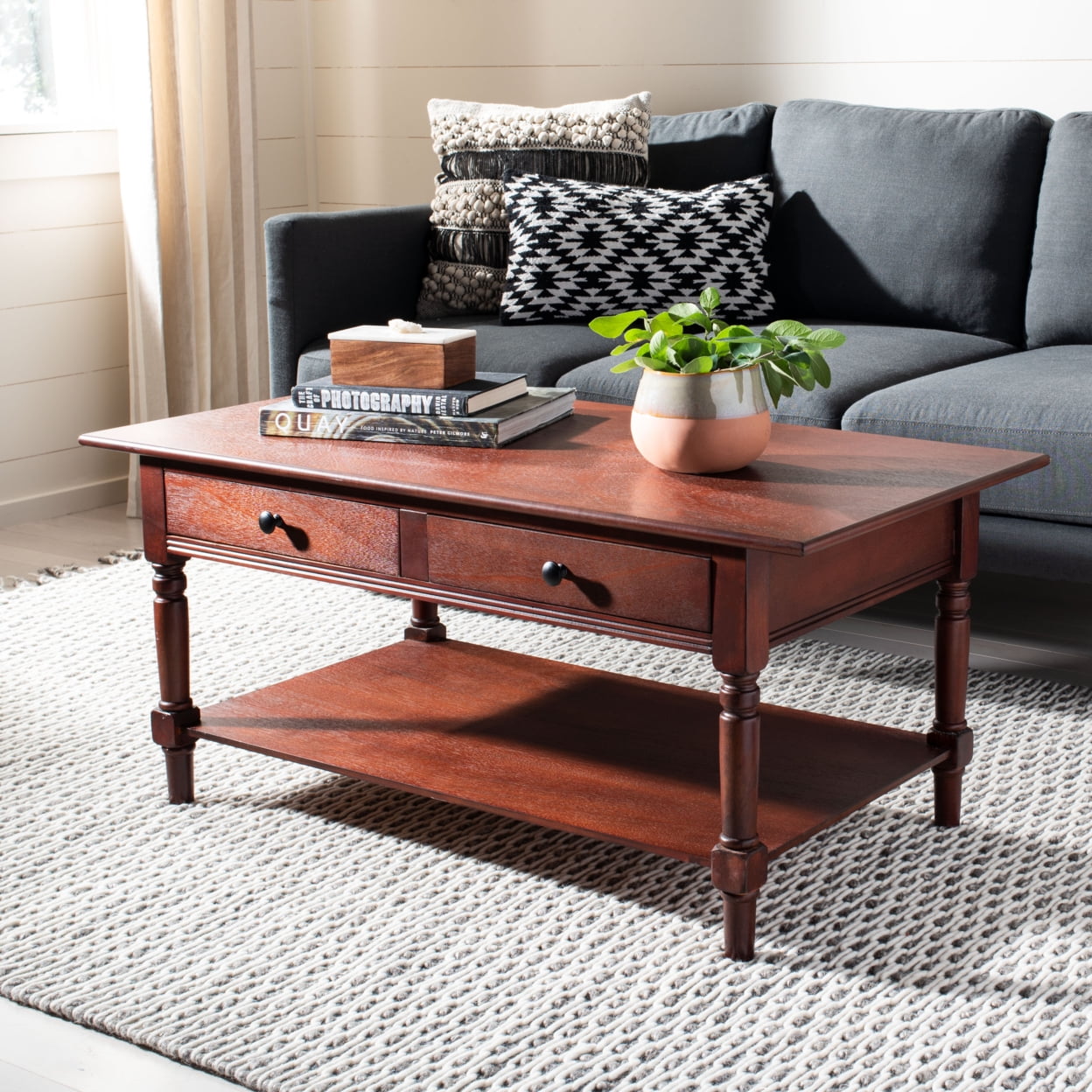 Brown Rectangular Wood Coffee Table with Storage and Drawers