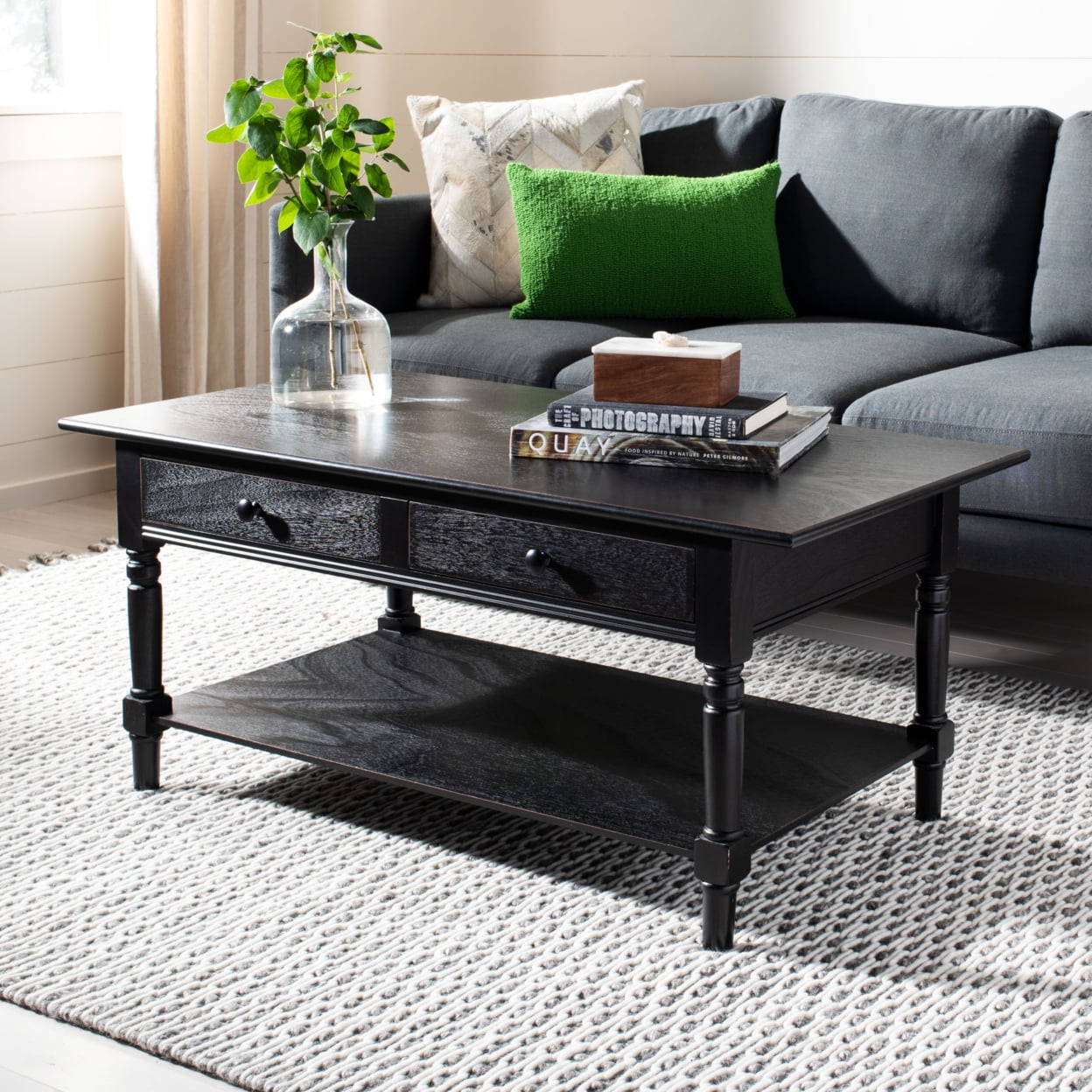 Distressed Black Pine Wood Rectangular Coffee Table with Storage