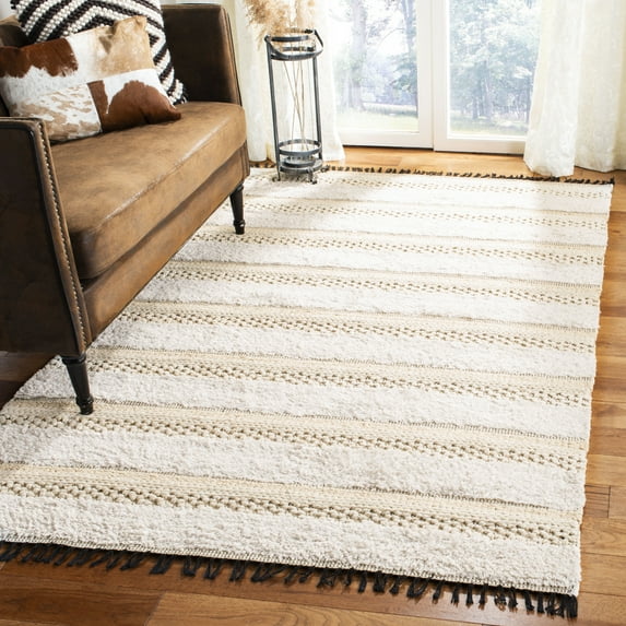 SAFAVIEH Boston Annandale Striped Textured Cotton Area Rug, Ivory/Beige, 6' x 6' Square