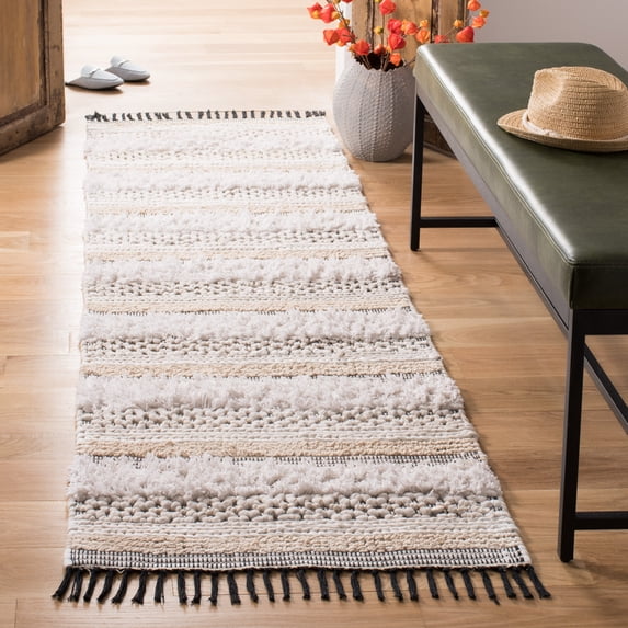 SAFAVIEH Boston Annandale Striped Textured Cotton Runner Rug, Ivory/Beige, 2'3" x 7'