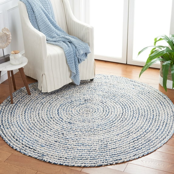 SAFAVIEH Braided Anabella Bordered Cotton Reversible Area Rug, Blue/Ivory, 6' x 6' Round