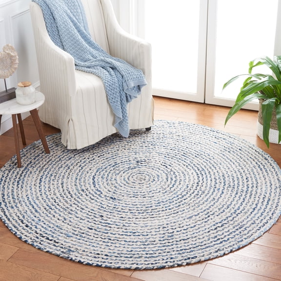 SAFAVIEH Braided Anabella Bordered Cotton Reversible Area Rug, Blue/Ivory, 8' x 8' Round