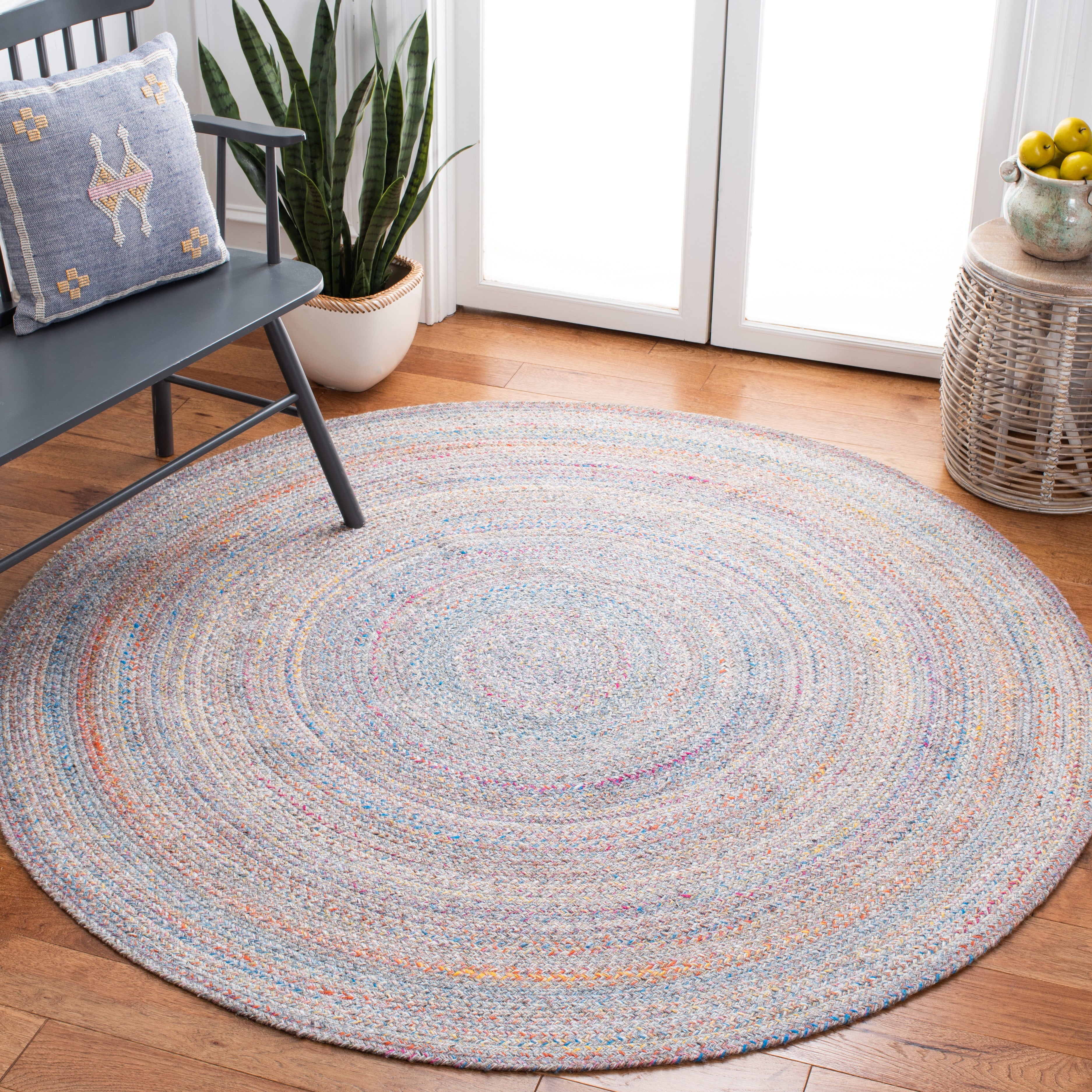 SAFAVIEH Braided Aristotle Solid Polyester Reversible Area Rug, Yellow/Gray, 8' x 8' Round