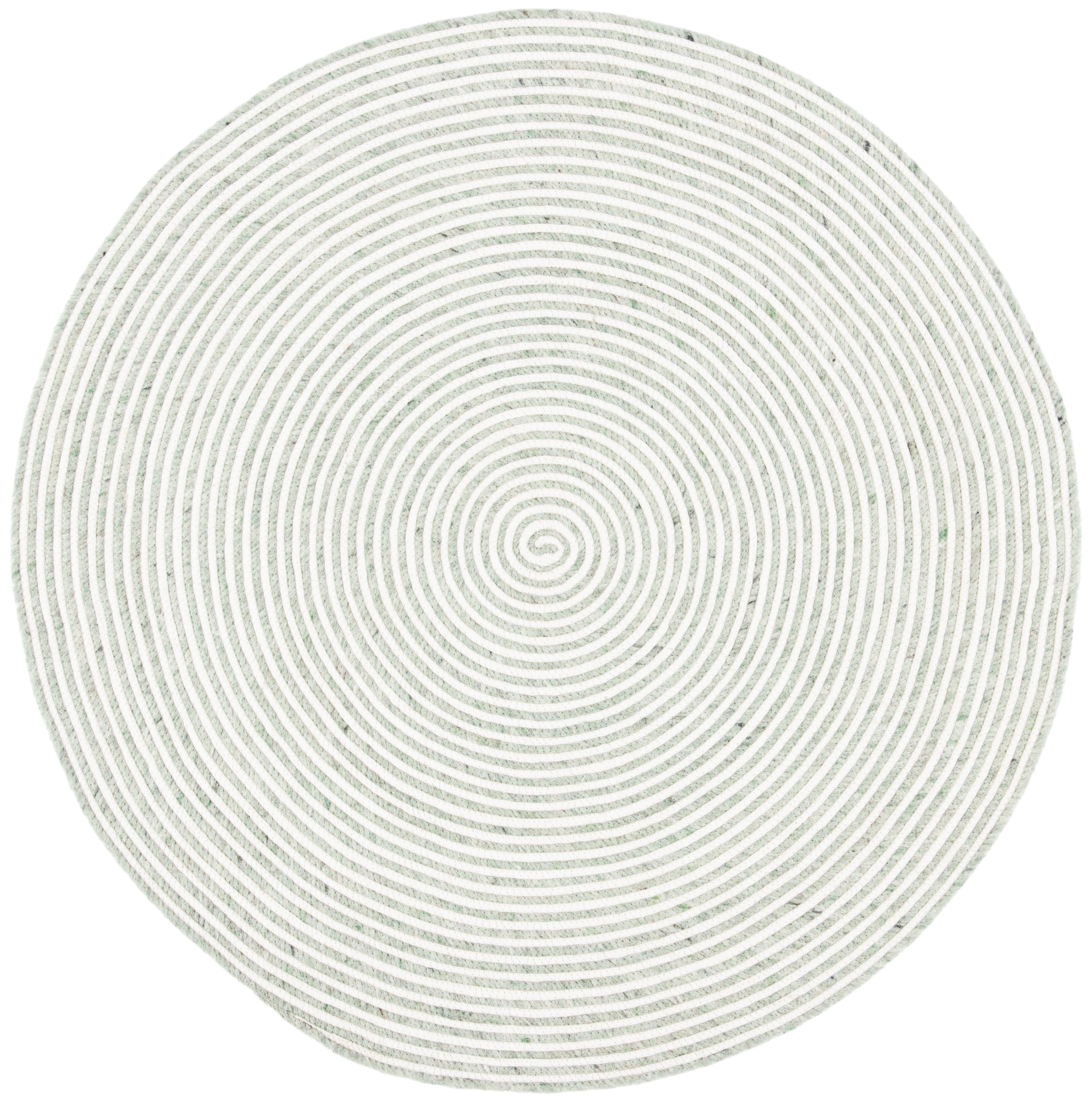 Handmade Ivory and Green Braided Wool Round Rug, 4' x 4'