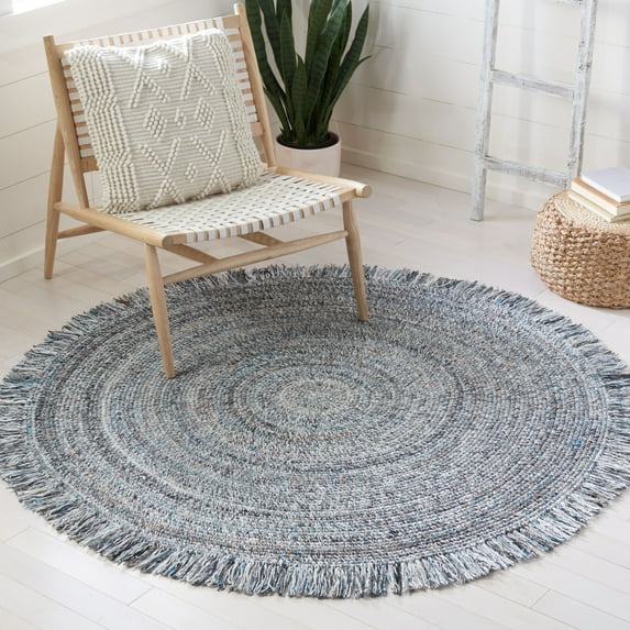 SAFAVIEH Braided Brittania Solid Polyester Reversible Area Rug, Blue/Ivory, 6' x 6' Round