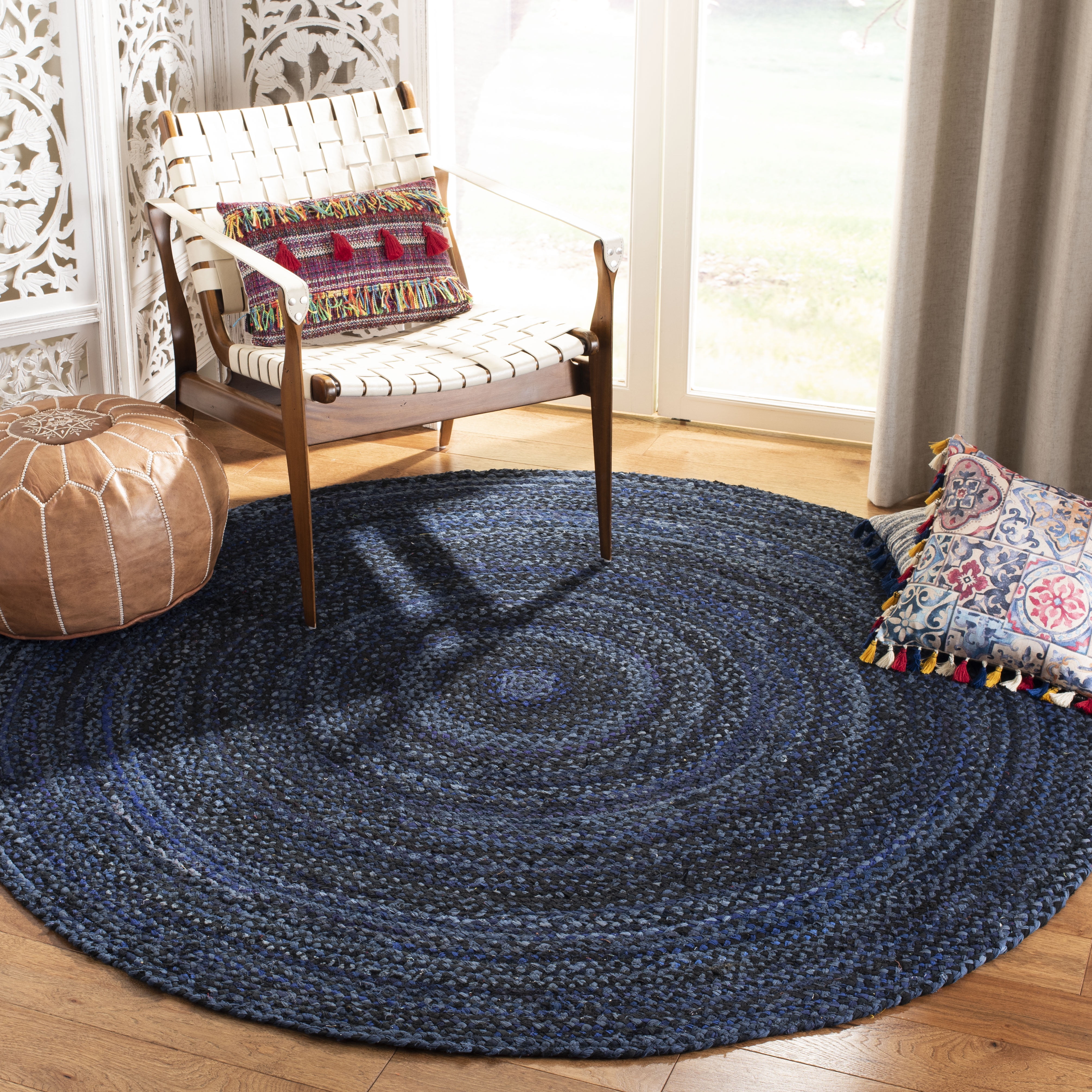 SAFAVIEH Braided Calvin Transitional Cotton Reversible Area Rug, Navy/Black, 10' x 10' Round
