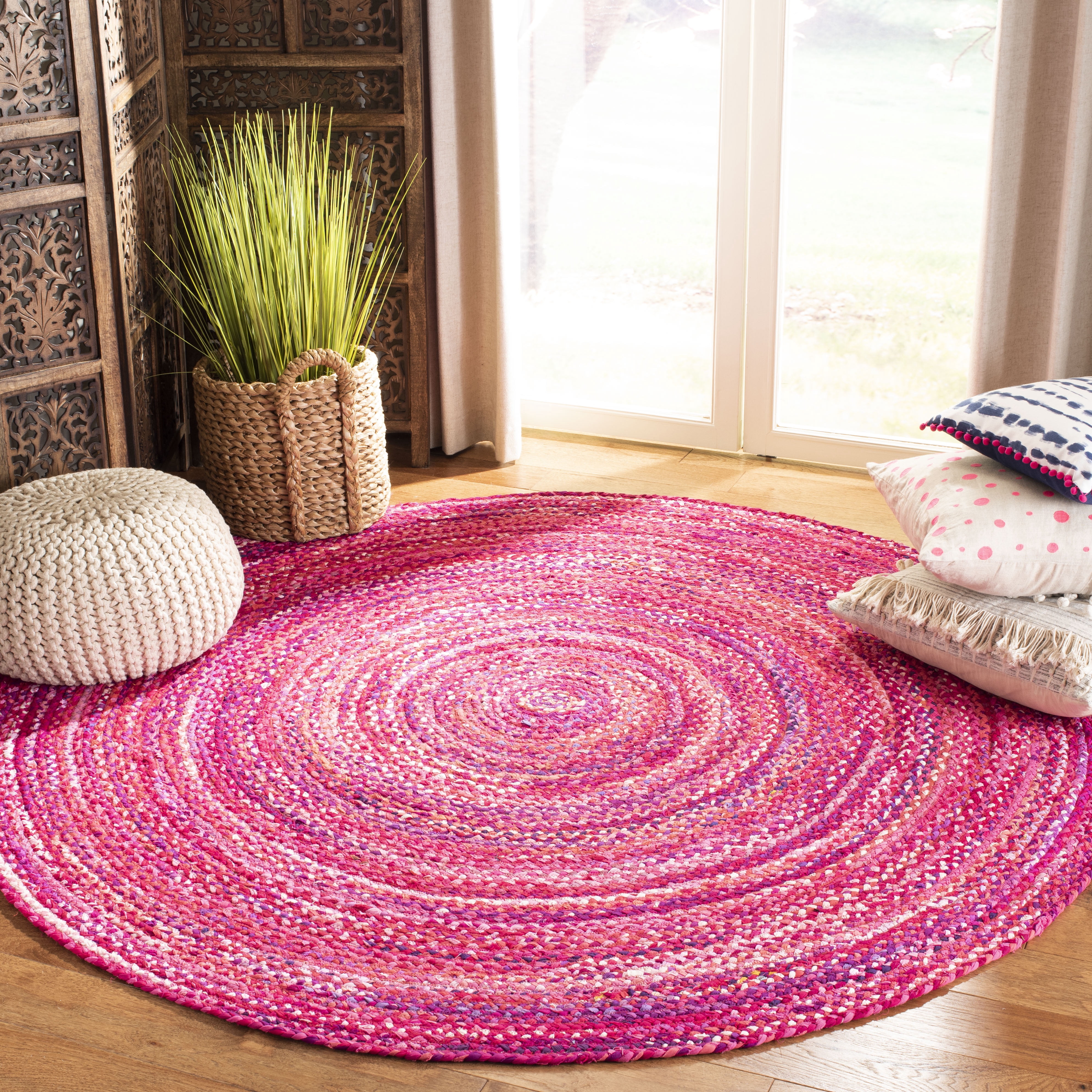 SAFAVIEH Braided Calvin Transitional Cotton Reversible Area Rug, Pink/Fuchsia, 6' x 6' Round