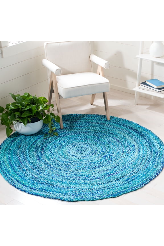 Braided Calvin Transitional Cotton Reversible Area Rug, Turquoise, 3' x 3' Round