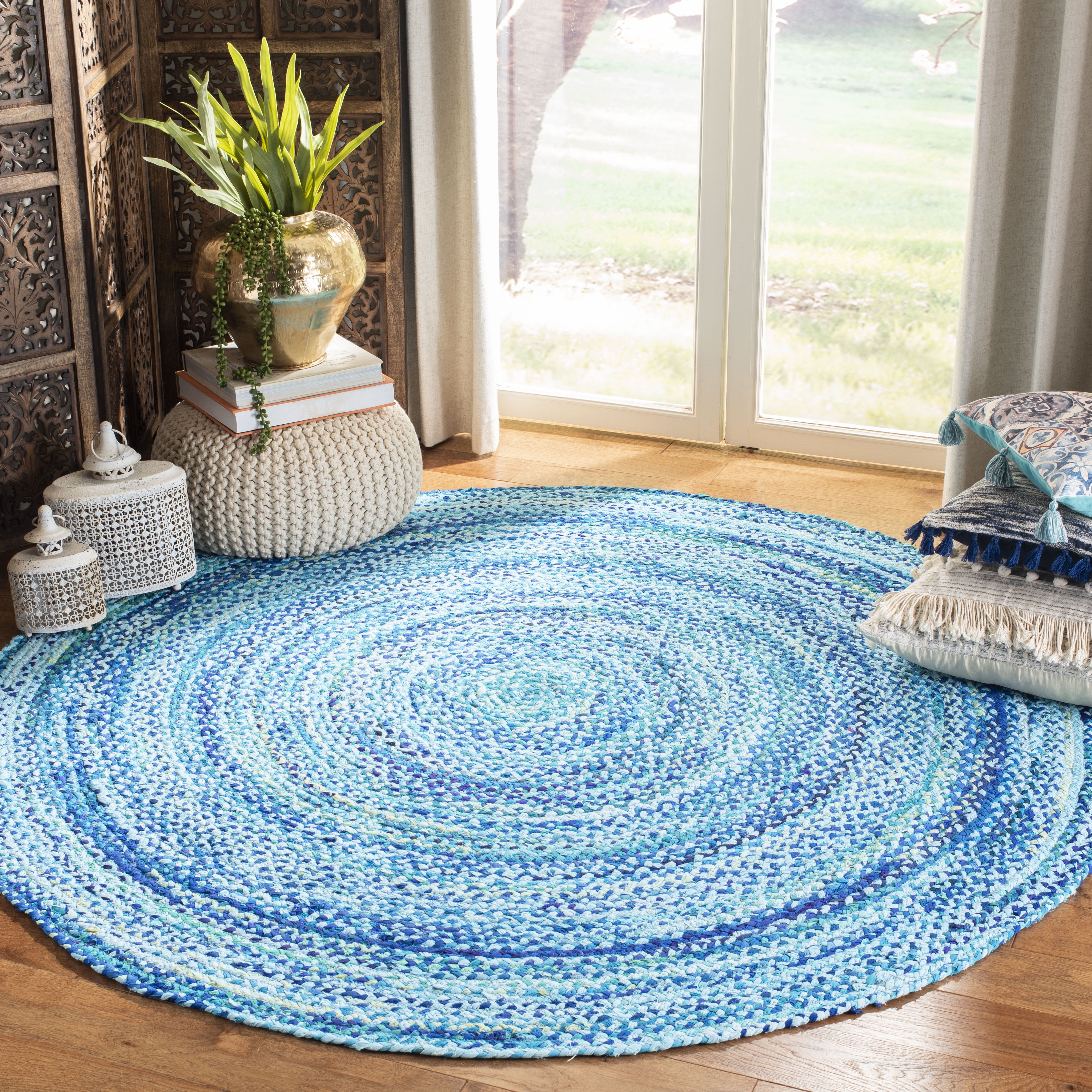 SAFAVIEH Braided Calvin Transitional Cotton Reversible Area Rug, Turquoise, 7' x 7' Round