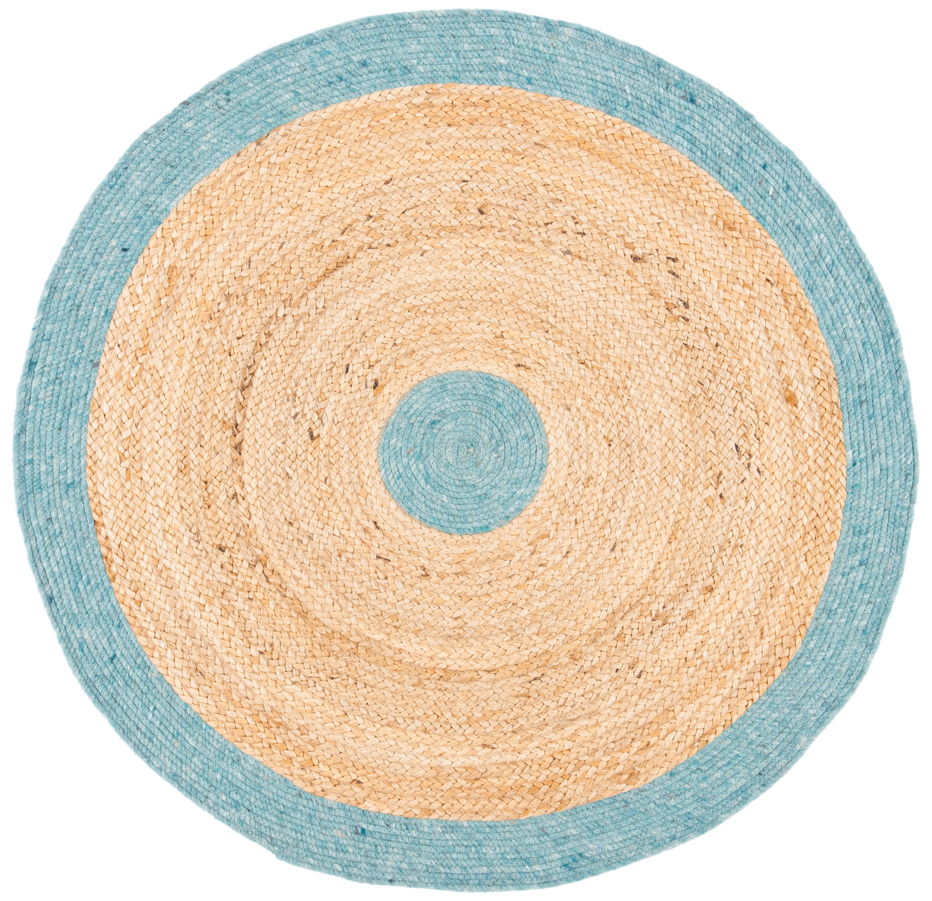 Handmade Blue and Natural Braided Round Wool Cotton Rug