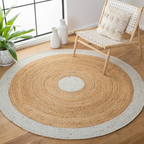 SAFAVIEH Braided Carina Bordered Reversible Area Rug, Light Gray/Natural, 6' x 6' Round