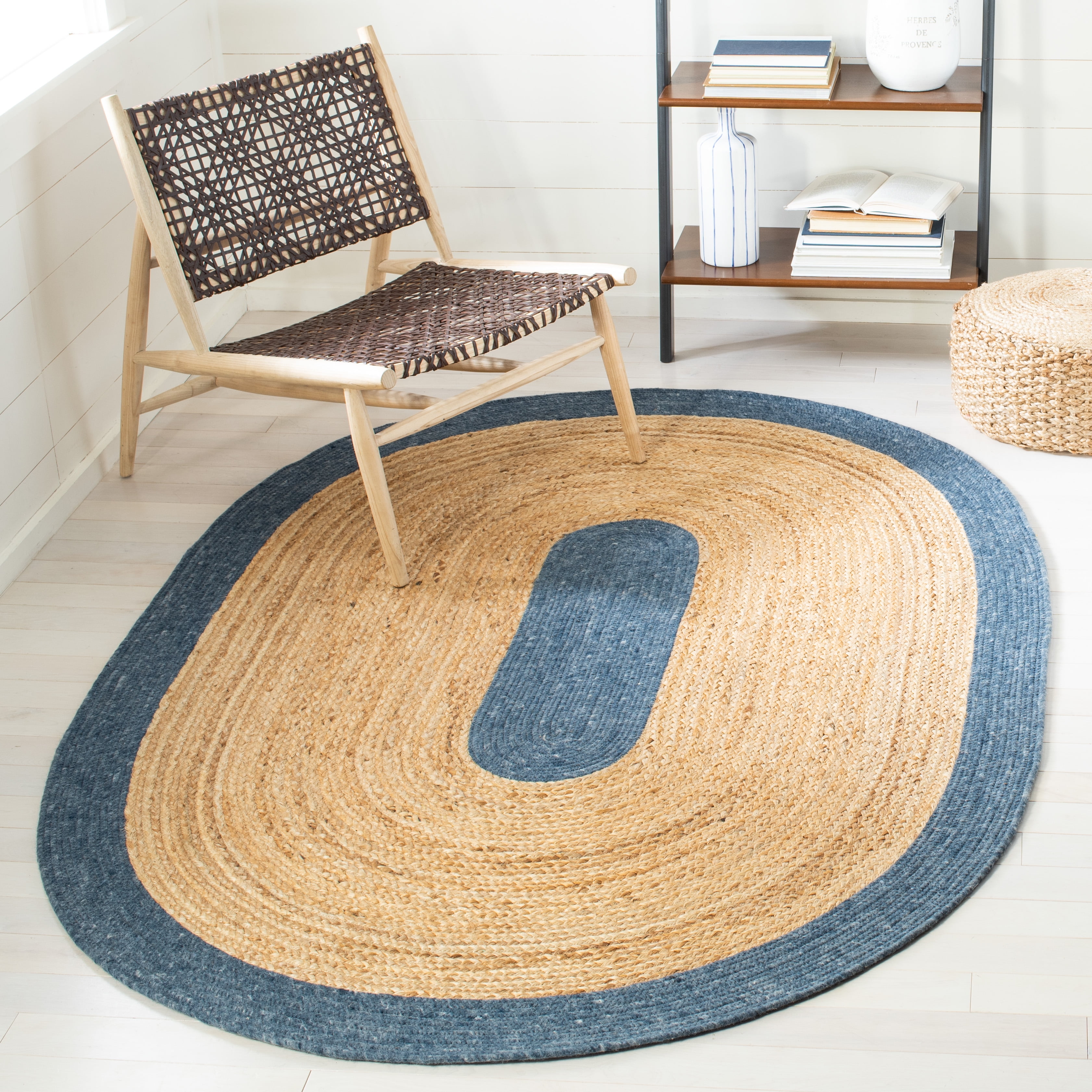 SAFAVIEH Braided Carina Bordered Reversible Area Rug, Navy/Natural, 6' x 9' Oval