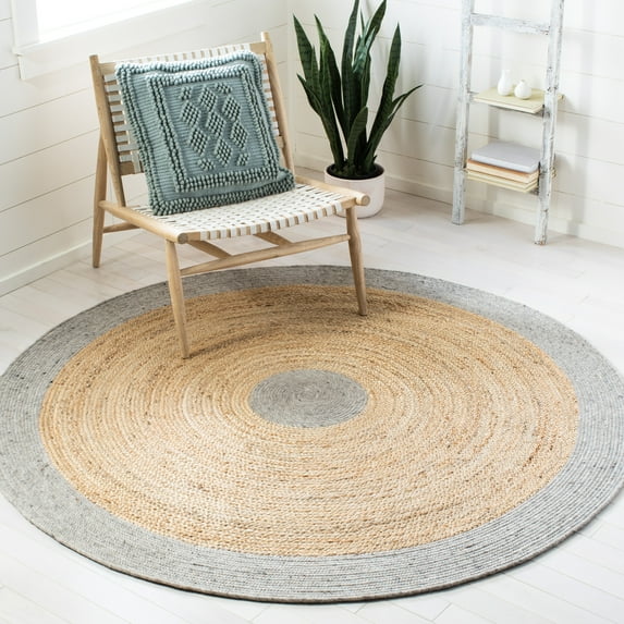 SAFAVIEH Braided Carina Bordered Reversible Area Rug, Silver/Natural, 4' x 4' Round