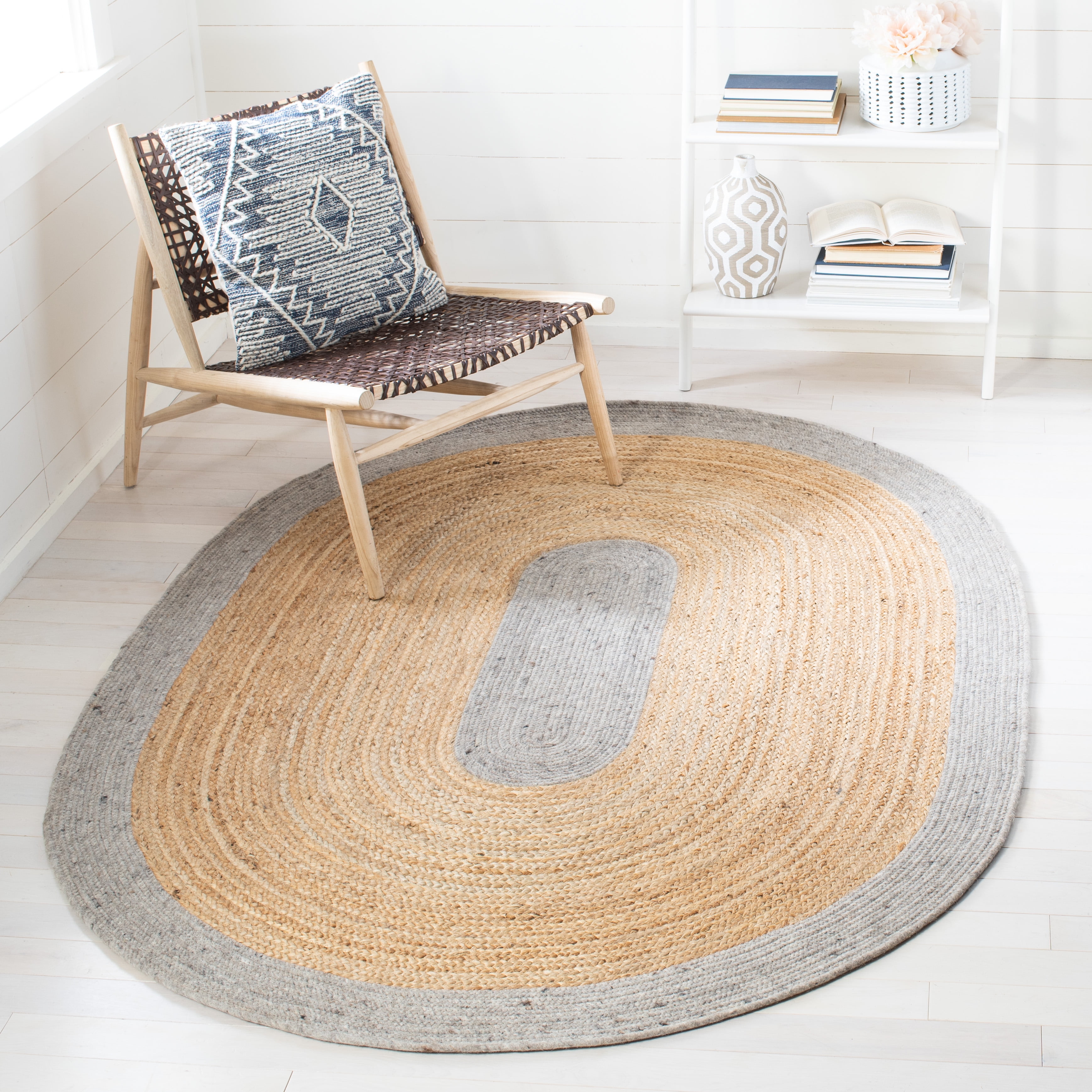 SAFAVIEH Braided Carina Bordered Reversible Area Rug, Silver/Natural, 5' x 7' Oval