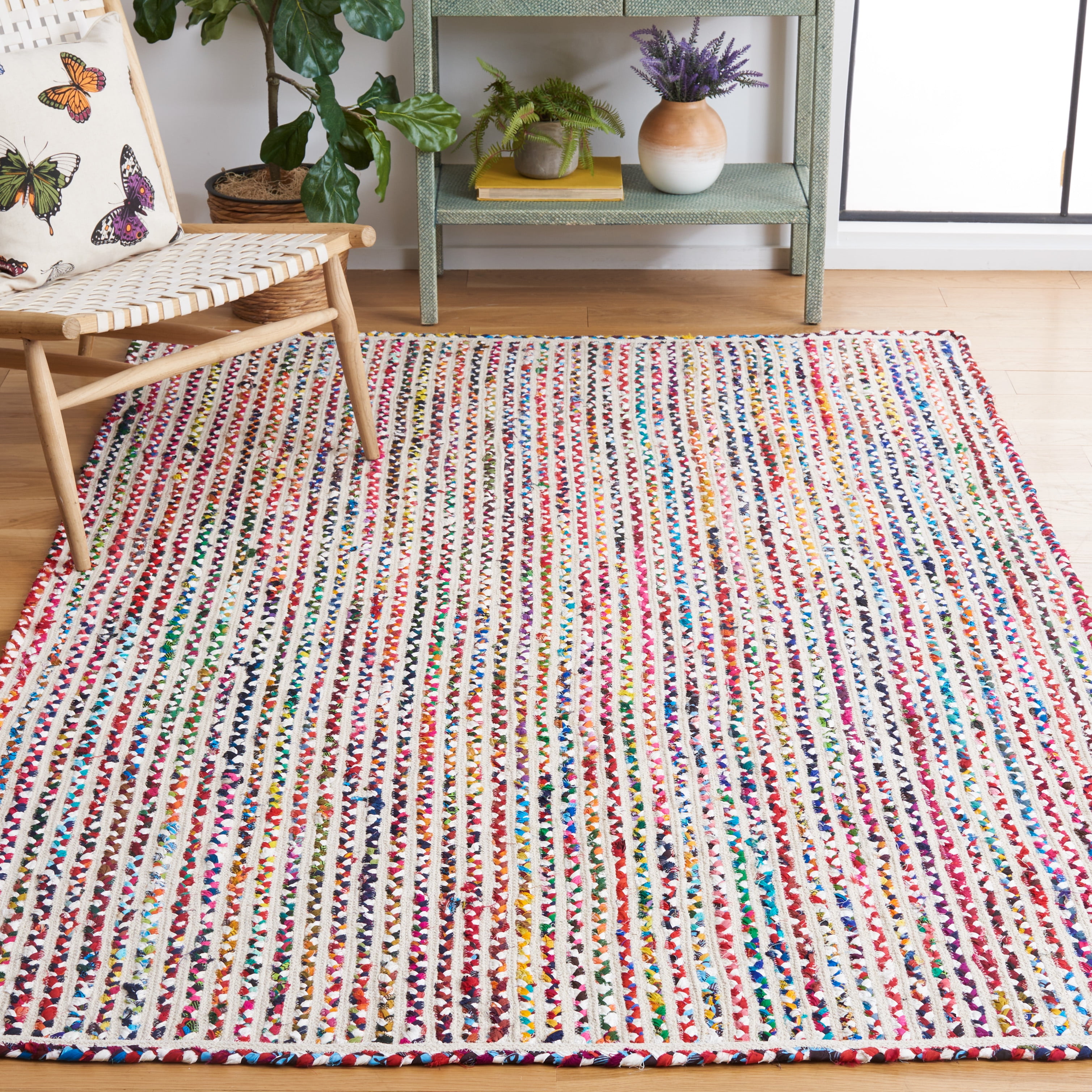 SAFAVIEH Braided Chelsey Bordered Cotton Reversible Area Rug, Ivory/Multi, 6' x 9'