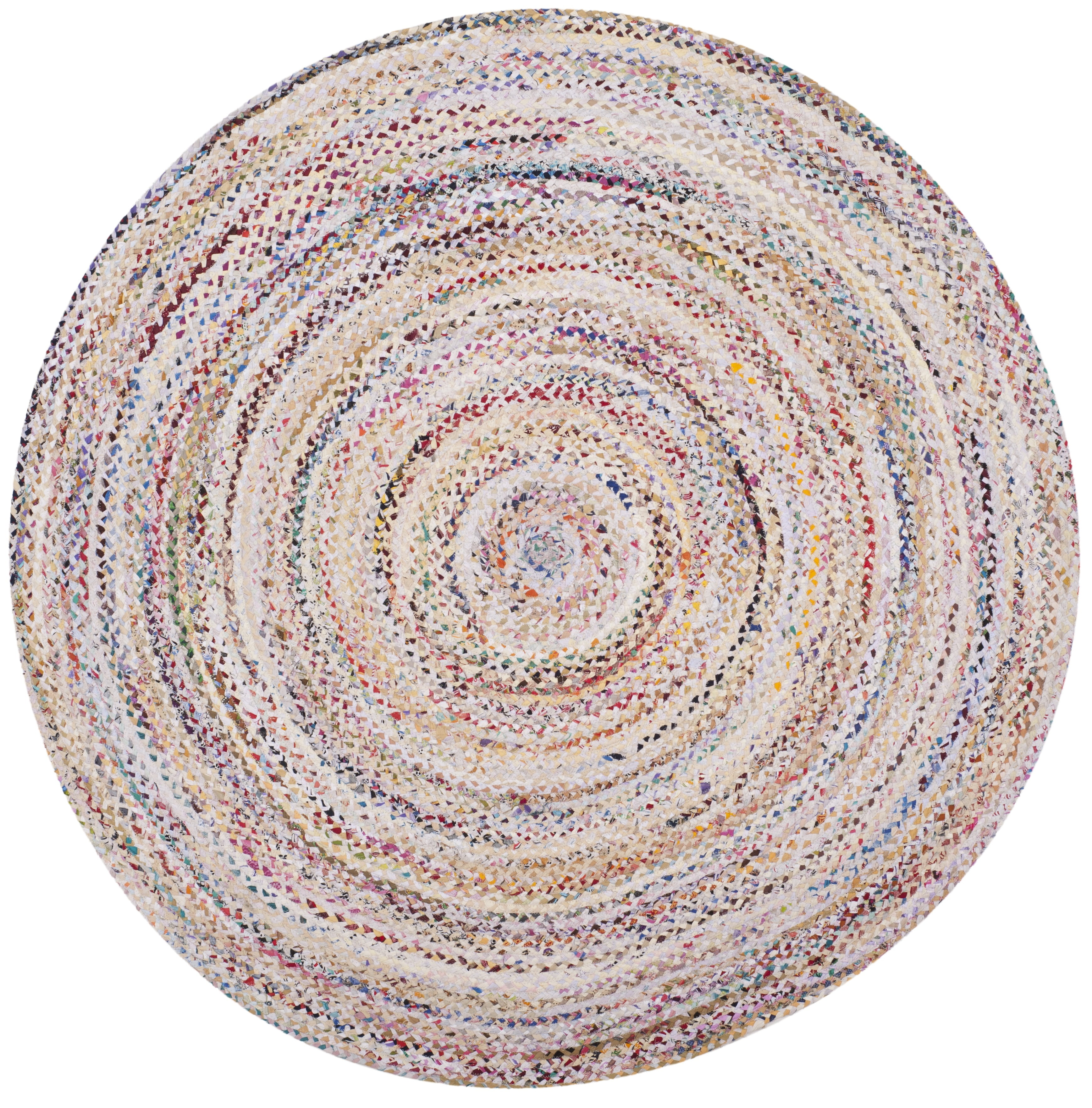 Ivory and Multicolor Braided Round Wool and Cotton Rug