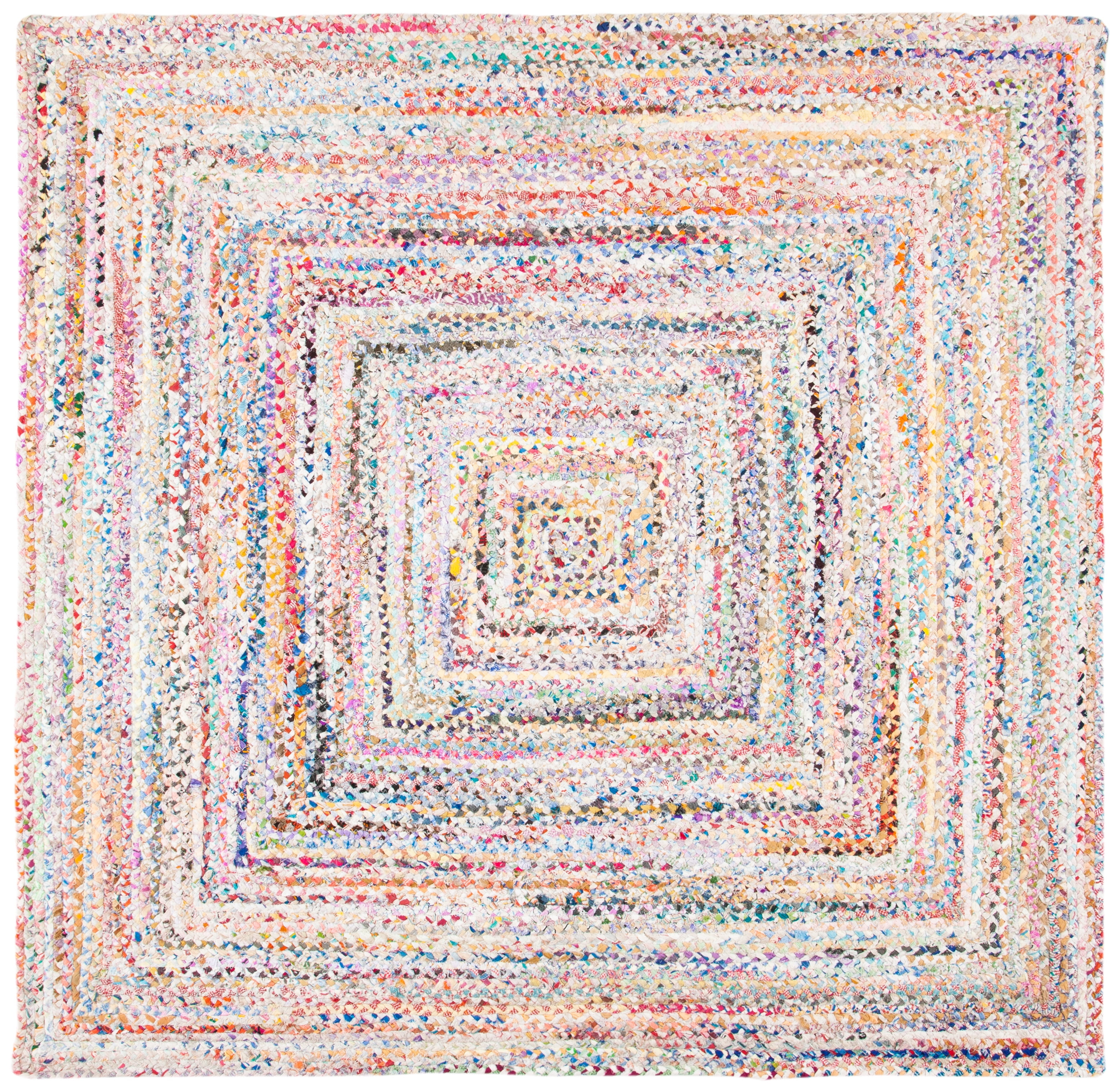 Ivory and Multicolor Handwoven Cotton Braided Reversible Square Rug, 8'x8'
