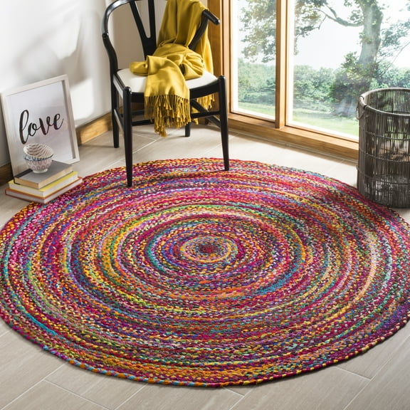 SAFAVIEH Braided Daphne Geometric Cotton Reversible Area Rug, Red/Multi, 5' x 5' Round