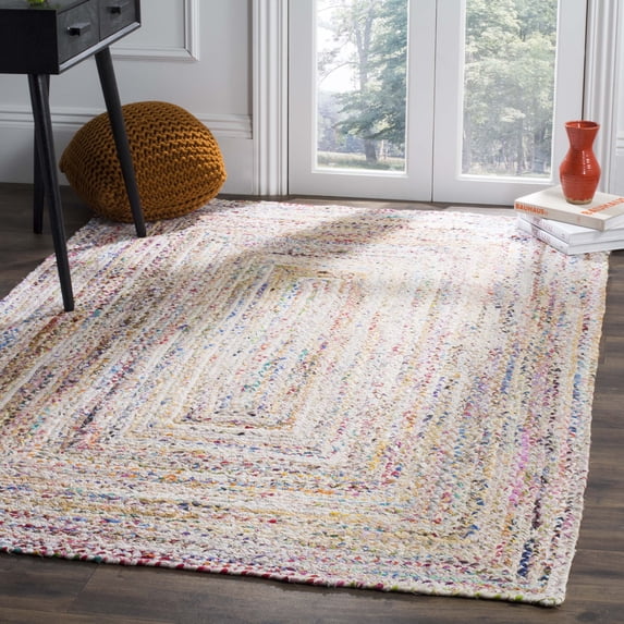 SAFAVIEH Braided Daphne Geometric Cotton Reversible Area Rug, Ivory/Multi, 8' x 8' Square