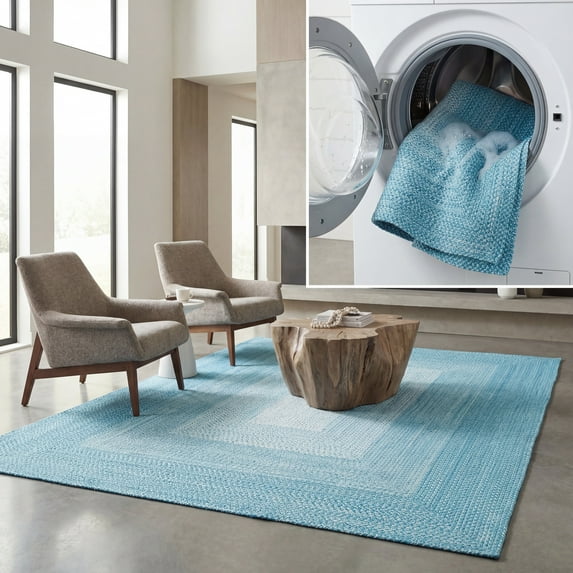 SAFAVIEH Braided Evangeline Bordered Machine Washable Reversible Area Rug, Aqua, 6' x 6' Square