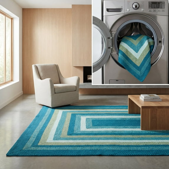 SAFAVIEH Braided Fechin Bordered Machine Washable Reversible Area Rug, Aqua/Green, 8' x 10'