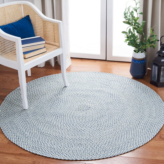 SAFAVIEH Braided Geraldine Checkered Polyester Reversible Area Rug, Blue/Ivory, 4' x 4' Round