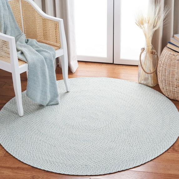 SAFAVIEH Braided Geraldine Checkered Polyester Reversible Area Rug, Ivory/Light Blue, 8' x 8' Round