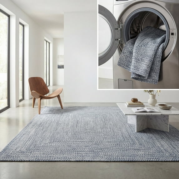 SAFAVIEH Braided Gino Distressed Machine Washable Reversible Area Rug, Dark Blue/Ivory, 8' x 8' Square
