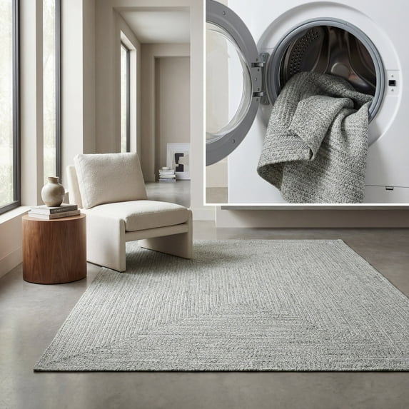 SAFAVIEH Braided Gino Distressed Machine Washable Reversible Area Rug, Ivory/Green, 6' x 9'