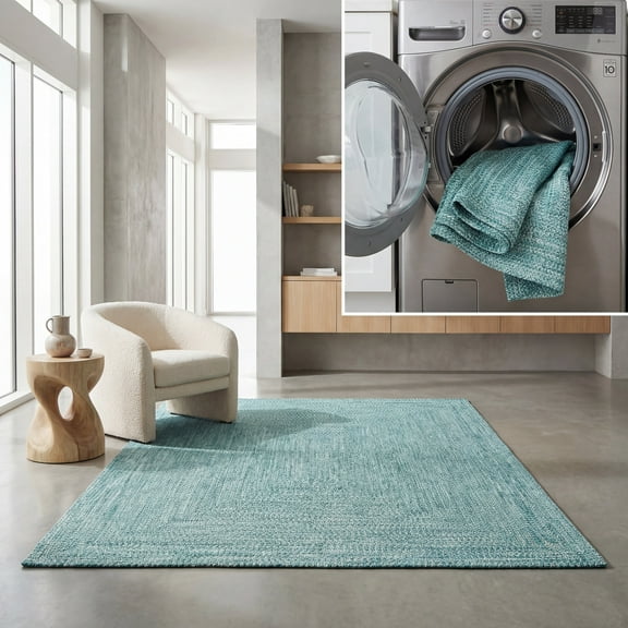 SAFAVIEH Braided Gino Distressed Machine Washable Reversible Area Rug, Teal/Green, 7' x 7' Square