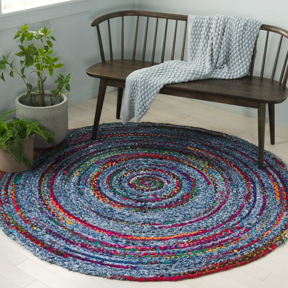 SAFAVIEH Braided Jeanie Geometric Cotton Reversible Area Rug, Blue/Red, 5' x 5' Round