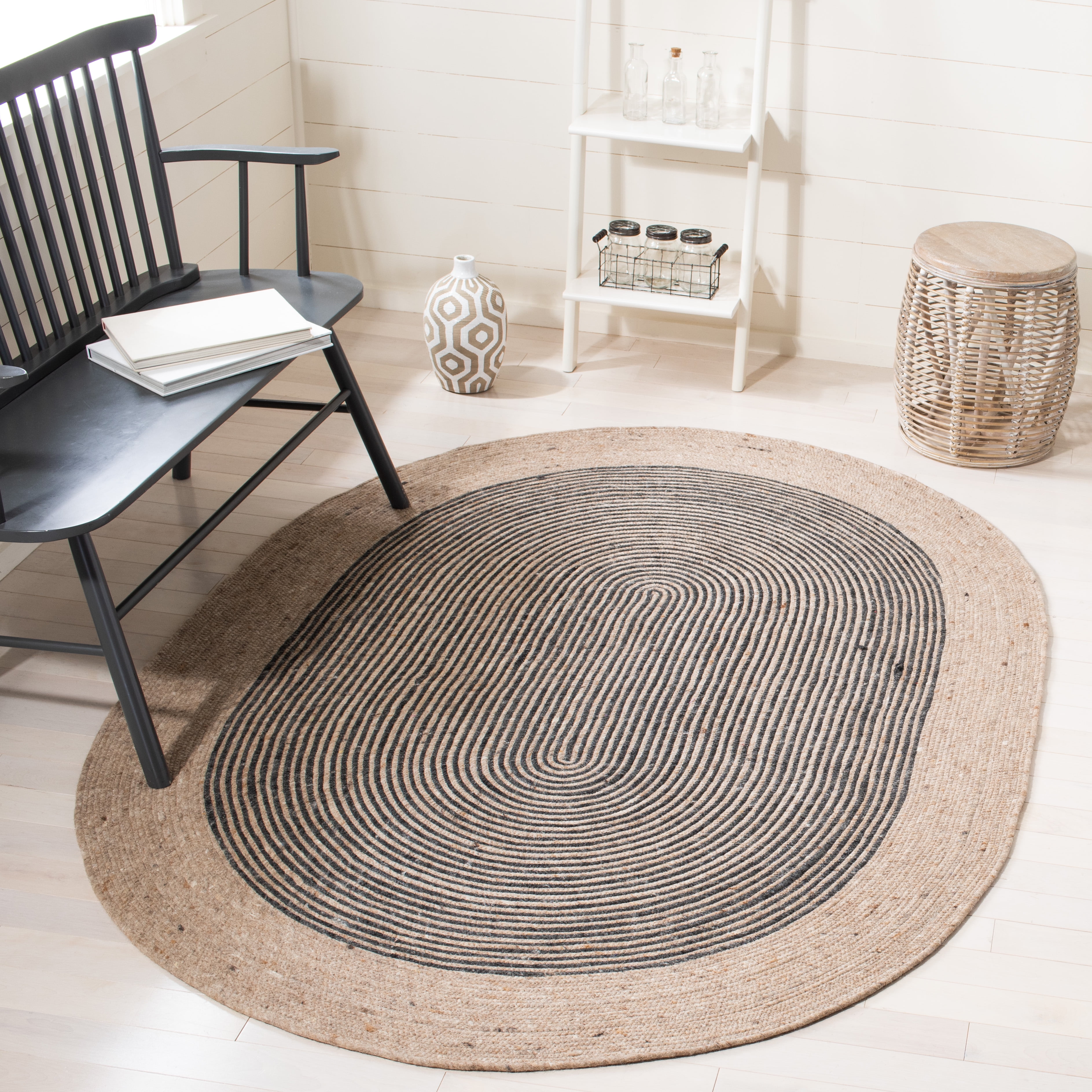 SAFAVIEH Braided Lars Geometric Reversible Area Rug, Beige/Black, 6' x 9' Oval