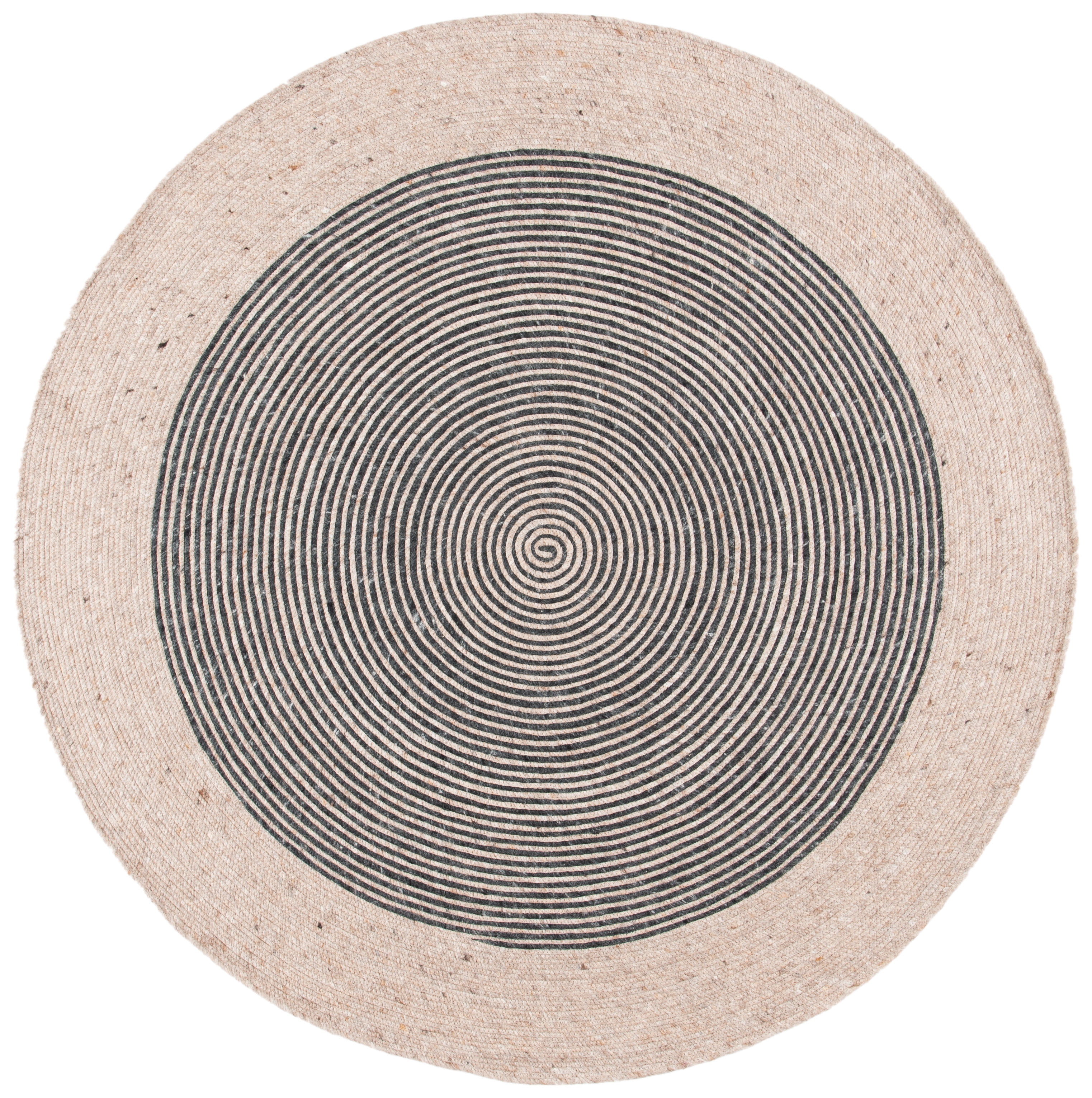 Handmade Beige and Black Geometric Wool Round Rug, 7'