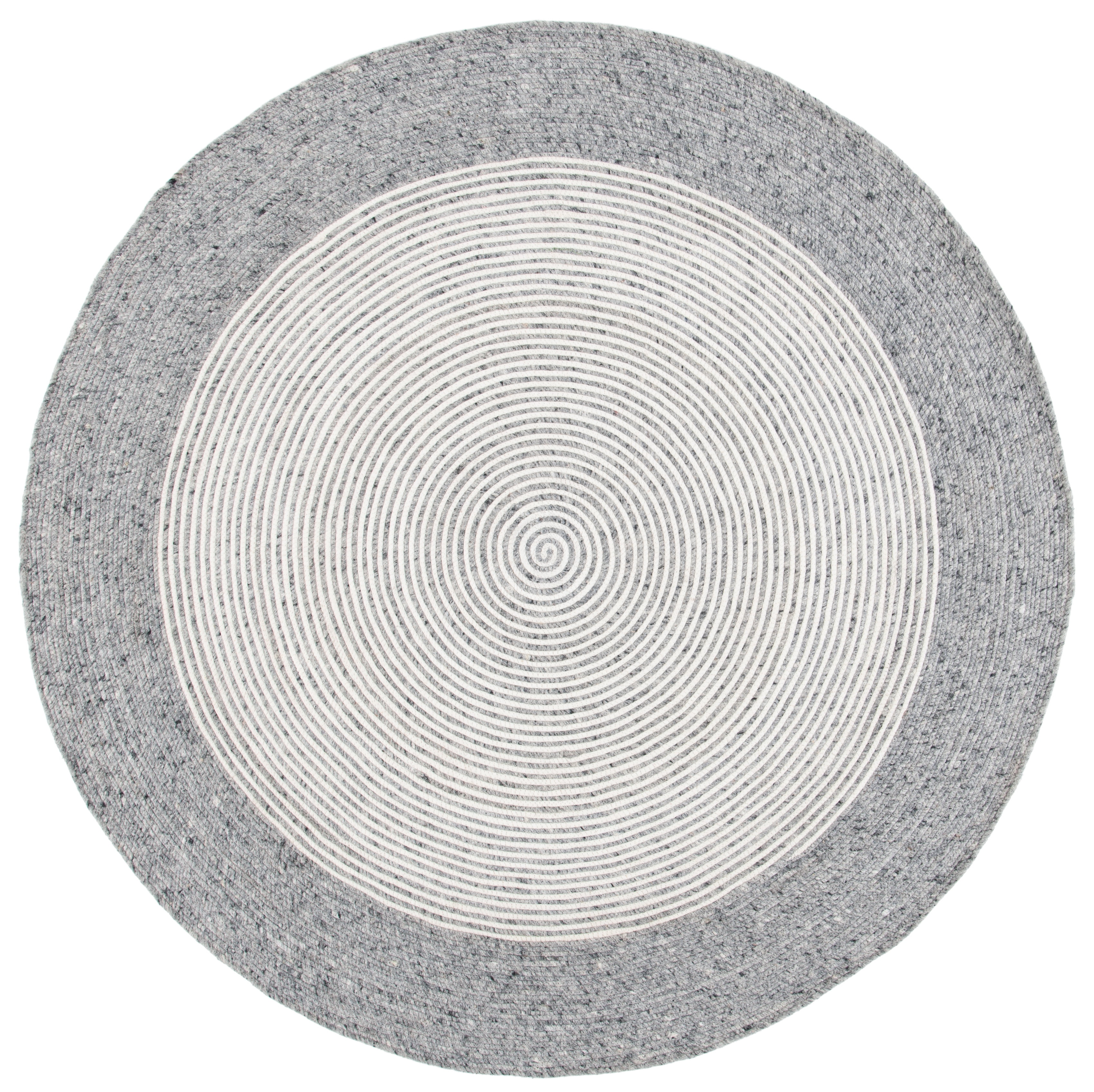 Handmade Grey and Ivory Round Wool Braided Rug, 5' Diameter