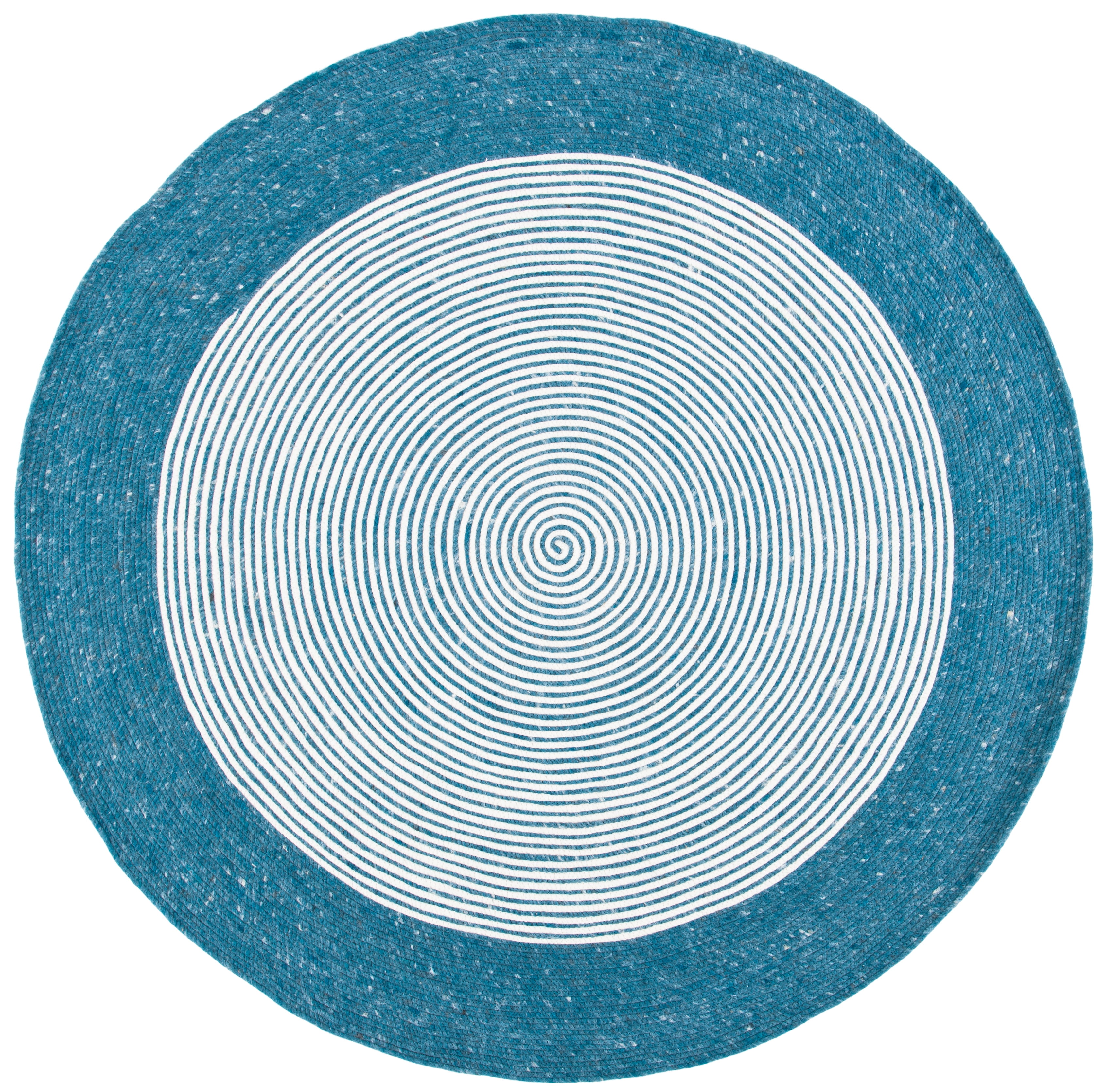 Ivory and Teal Round Braided Wool Area Rug