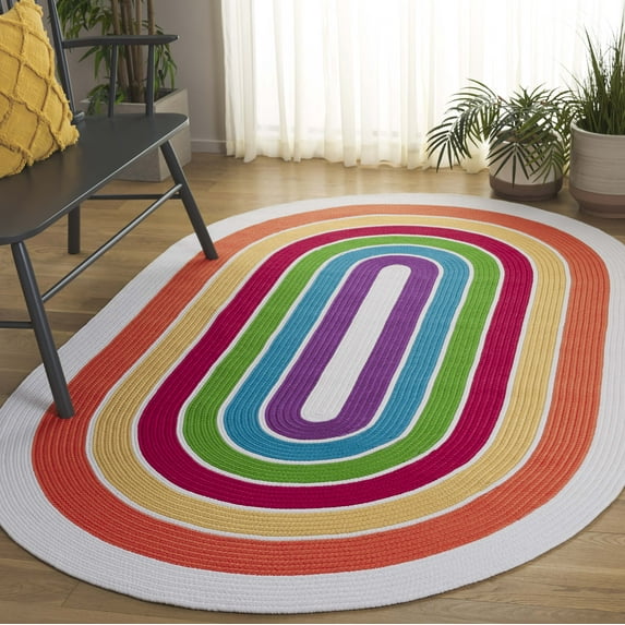 SAFAVIEH Braided Luvina Striped Reversible Area Rug, Ivory/Rainbow, 3' x 5' Oval