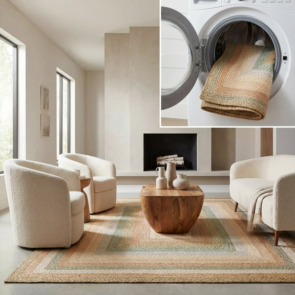 SAFAVIEH Braided Marco Bordered Machine Washable Reversible Area Rug, Tan/Multi, 2'6" x 5'