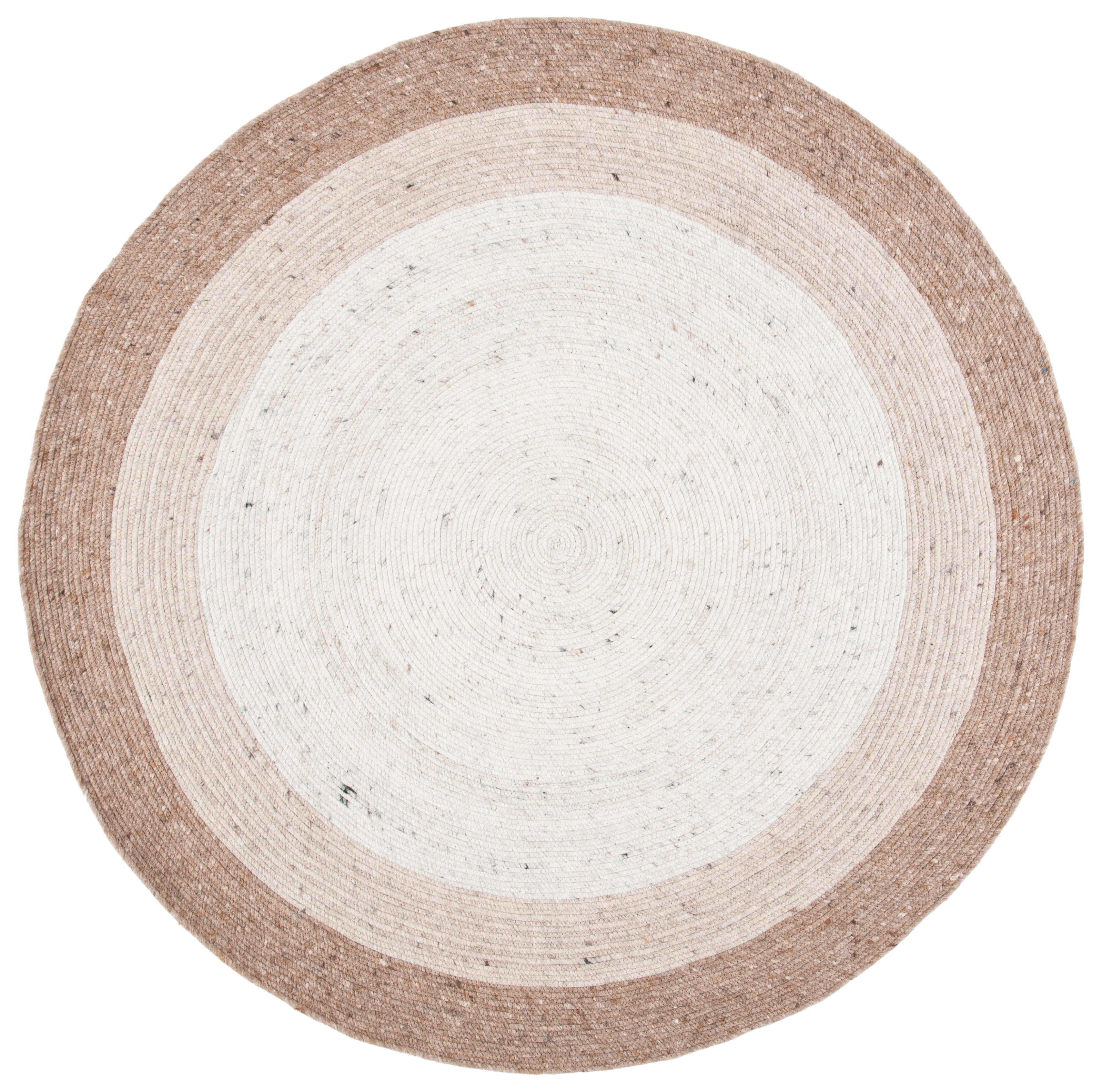 Ivory and Beige Round Braided Wool Area Rug, 5' Diameter