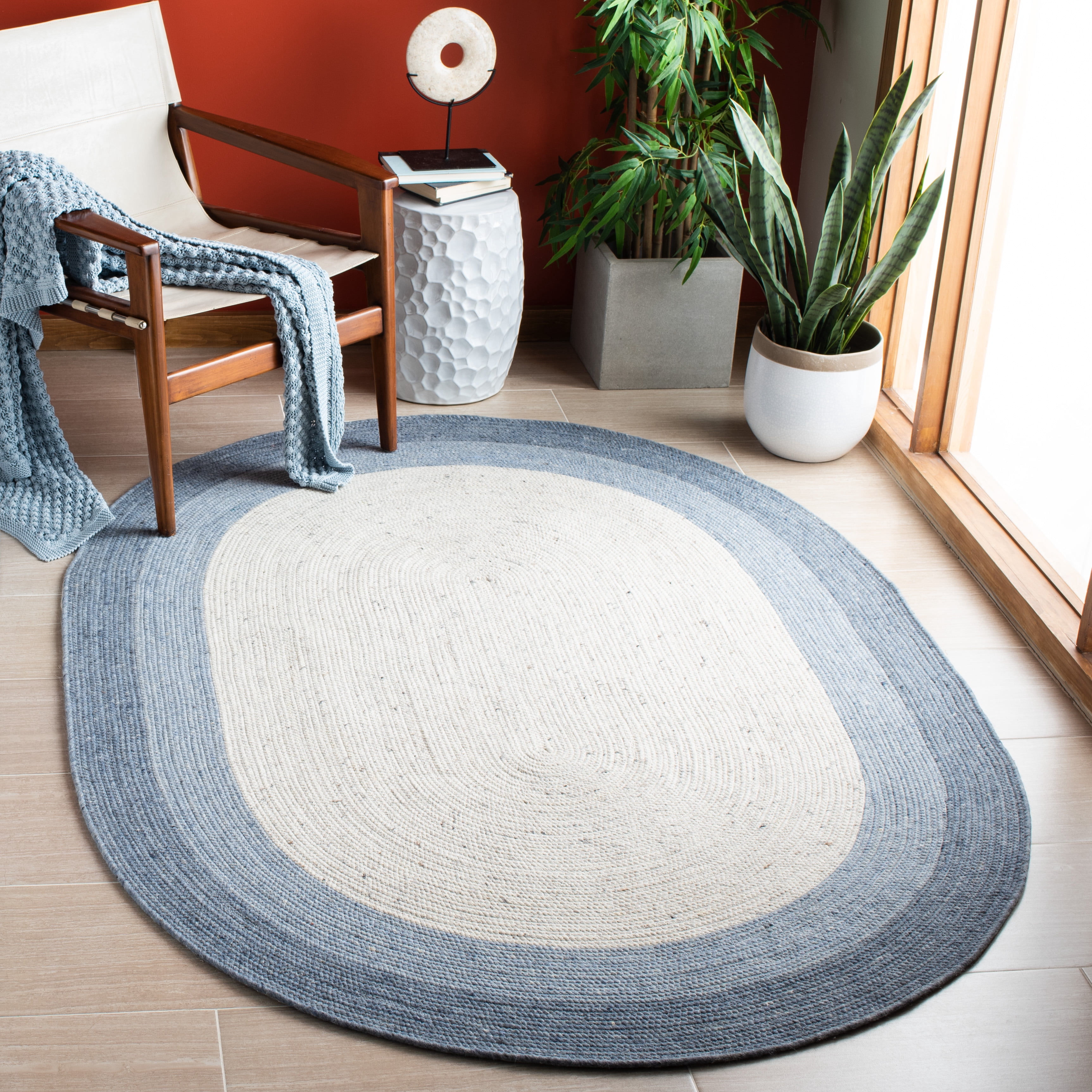SAFAVIEH Braided Nazca Geometric Reversible Area Rug, Ivory/Blue, 8' x 10' Oval