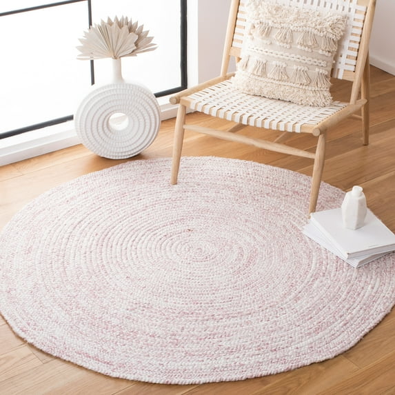 SAFAVIEH Braided Ophelia Solid Polyester Reversible Area Rug, Ivory/Pink, 5' x 5' Round