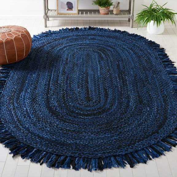 SAFAVIEH Braided Paisley Transitional Cotton Reversible Area Rug, Navy/Black, 6' x 9' Oval