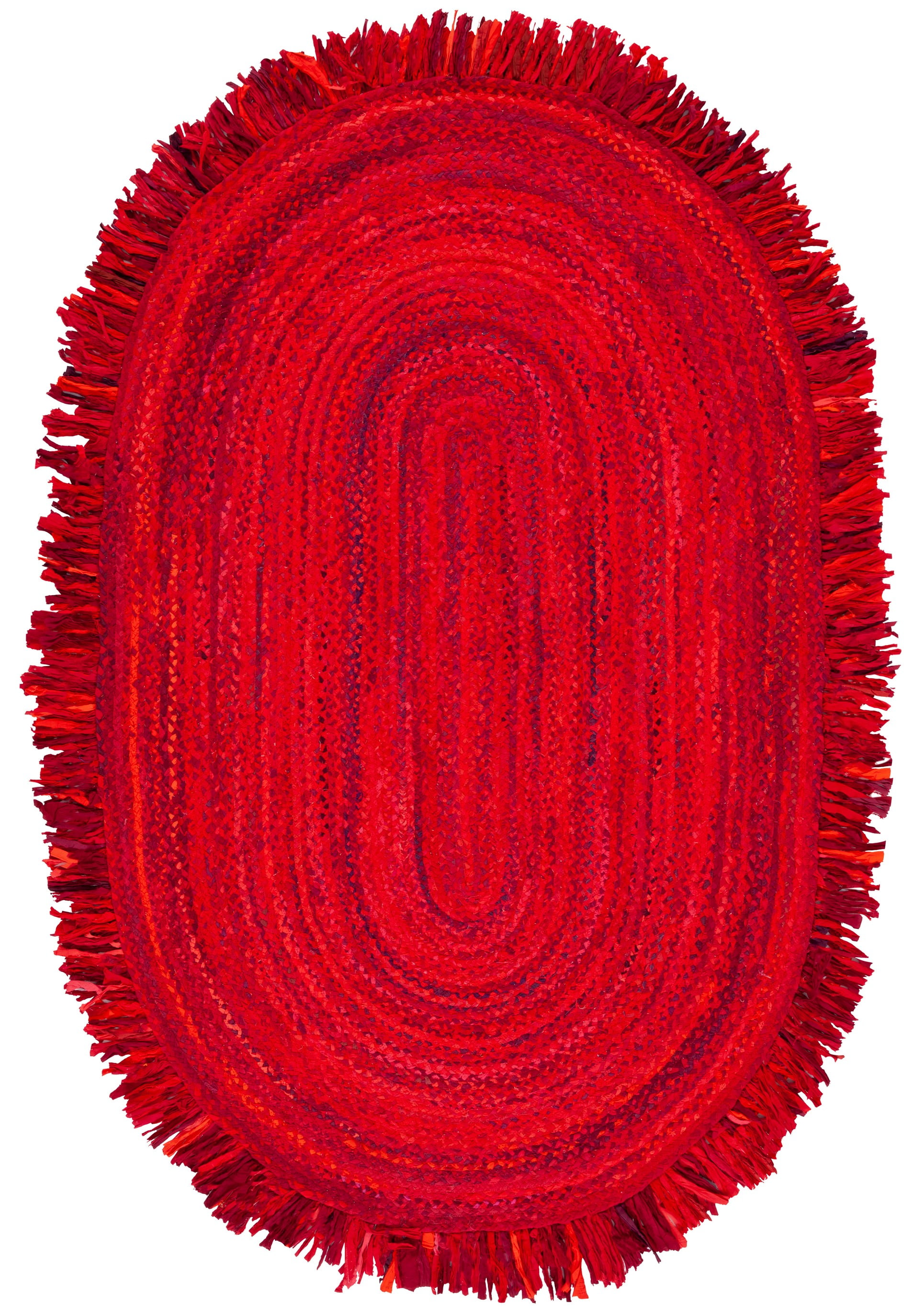 Red Oval Braided Cotton 4' x 6' Handmade Reversible Rug