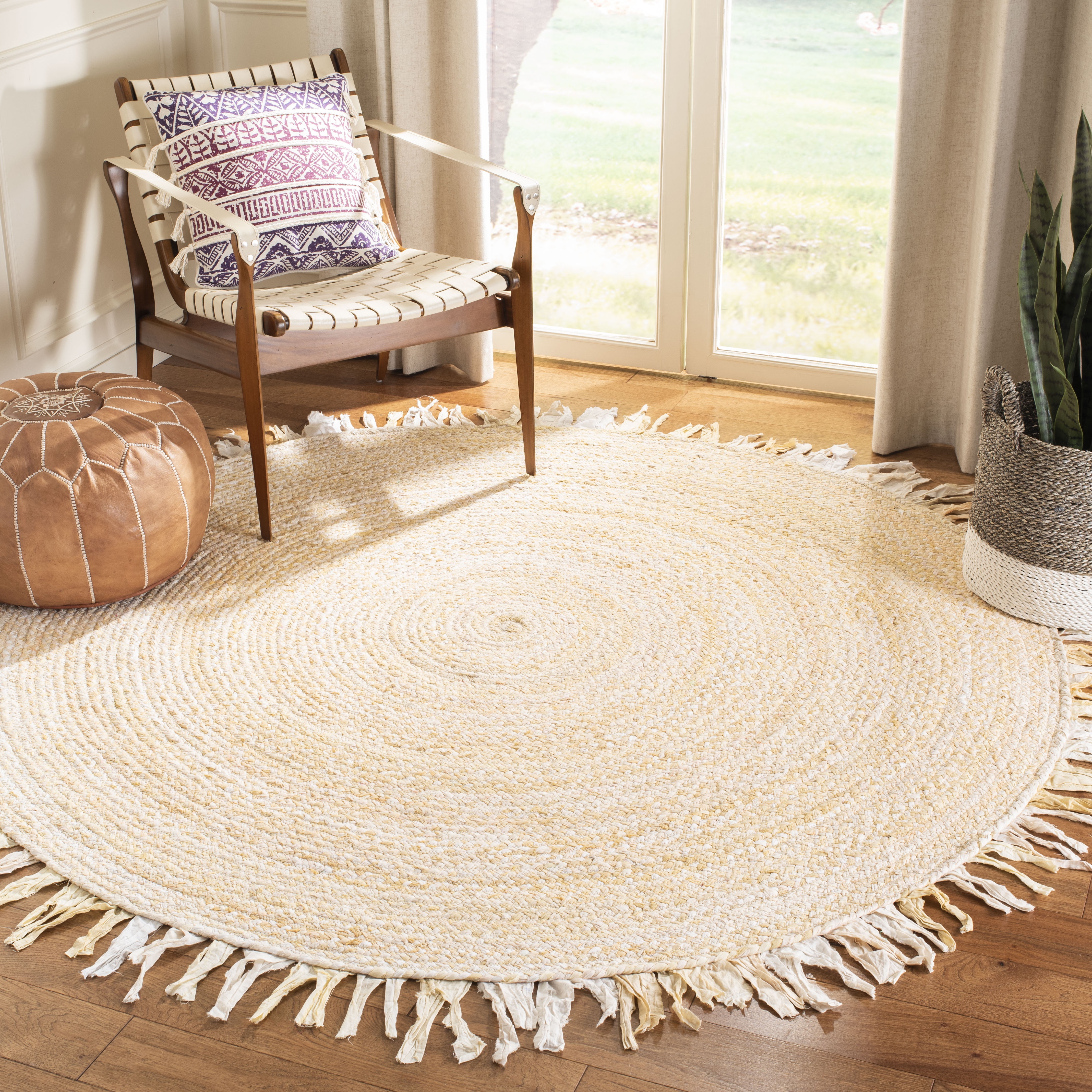 Beige Cotton Braided Round 3' Rug with Fringe