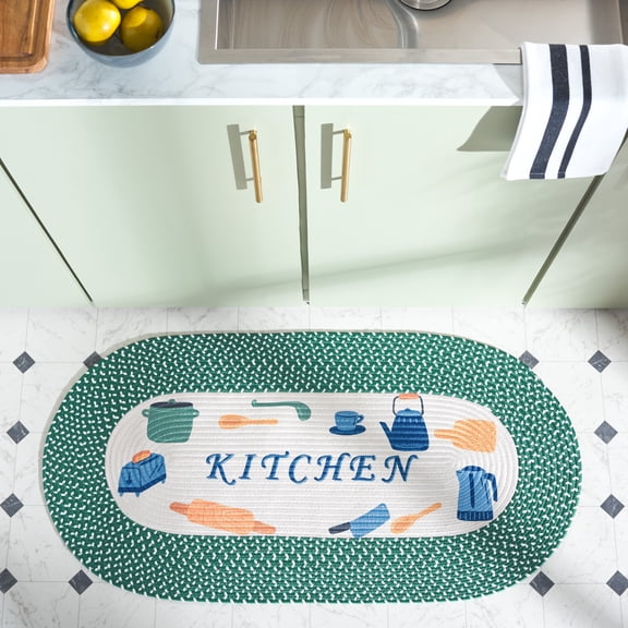 Safavieh Braided Posters Contemporary Kitchen Runner Rug, Ivory/Green, 1'8" x 4' Oval