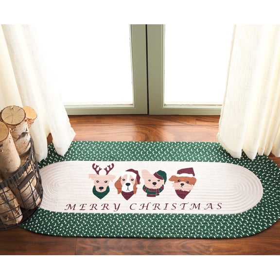 Safavieh Braided Posters Merry Christmas Animals Runner Rug, Ivory/Green, 1'8" x 4' Oval