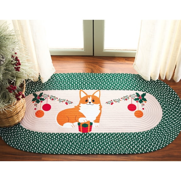 Safavieh Braided Posters Merry Christmas Corgi Runner Rug, Ivory/Green, 1'8" x 4' Oval