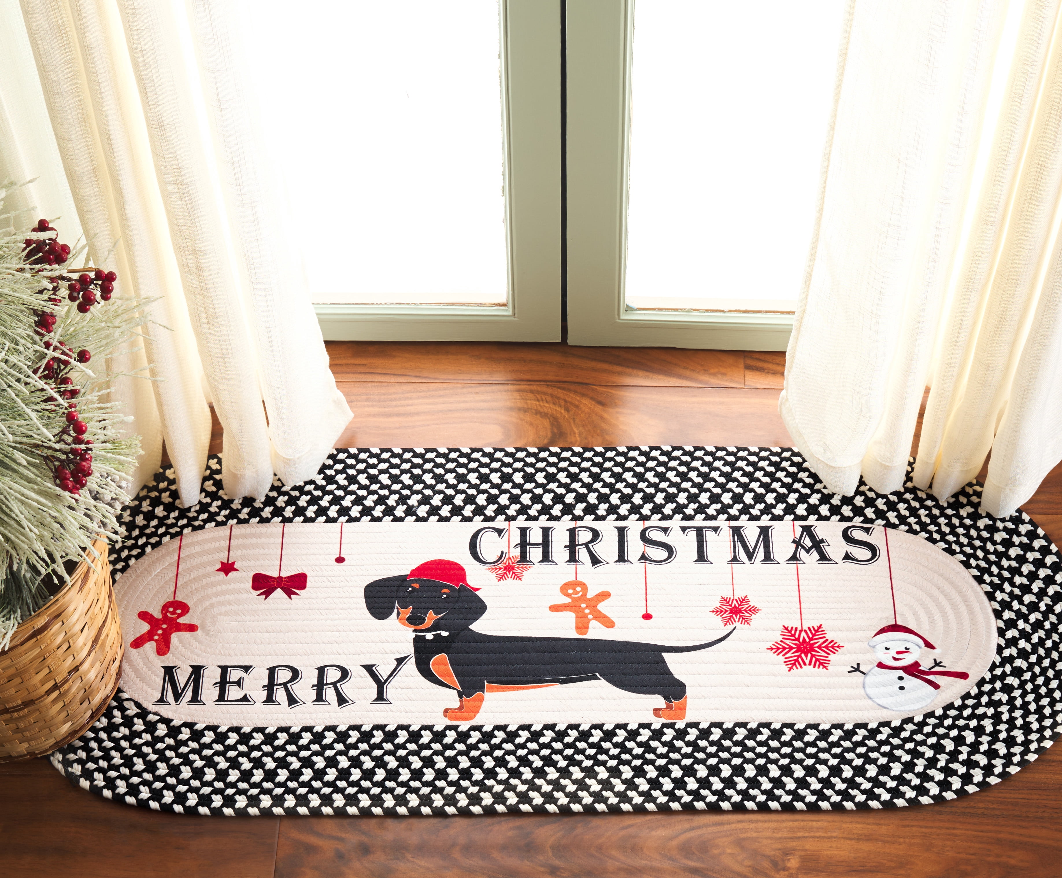 Safavieh Braided Posters Merry Christmas Dachshund Runner Rug, Ivory/Black, 1'8" x 4' Oval