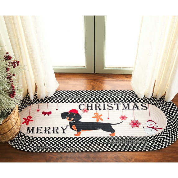 Safavieh Braided Posters Merry Christmas Dachshund Runner Rug, Ivory/Black, 1'8" x 4' Oval